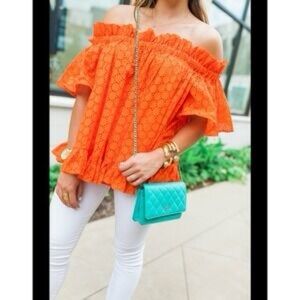 ASOS Orange Eyelet Off The Shoulder Boho Blouse Women’s Size 4 Oversized